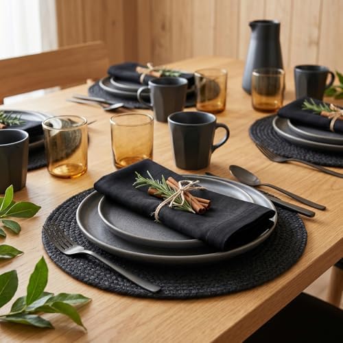 Solino Home 100% Pure Linen Dinner Napkins Black, Fete 20 x 20 in, Set of 4