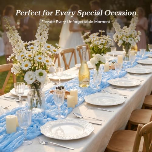 Goodluck 10 Pack 10Ft Baby Blue Cheesecloth Table Runner 35x120 Inch Boho Gauze Table Runner Cheese Cloth Extra Long Romantic Table Runners for Wedding Bridal Shower Birthday Party Table Decor