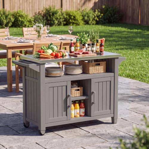 Fancyango Rolling BBQ Prep Cart – Outdoor Grill Table with Wheels-Grey