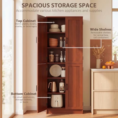 HOMCOM 67" Freestanding Kitchen Pantry 4-Door Cabinet Distressed Dark Brown