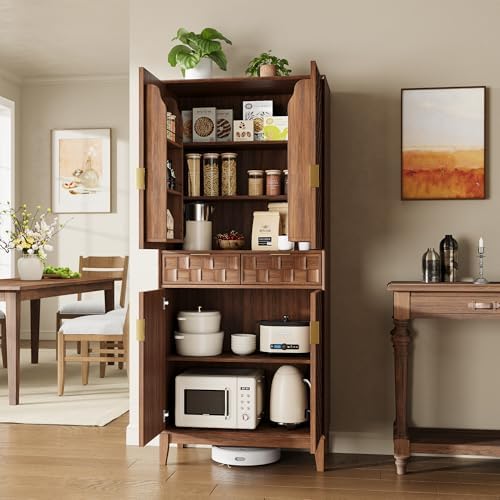 Pantry Cabinet, 71" Tall Pantry Cabinet,Modern Kitchen Cabinet with Doors, Drawers & Adjustable Shelves, Freestanding Food Pantry Cupboard with Side Rack for Kitchen Dining Room,Walnut
