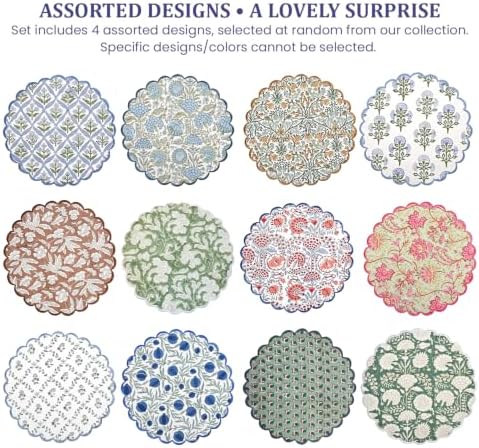 Ridhi Floral Block Print Round Placemats 15 Inch, Set of 4, Assorted Design