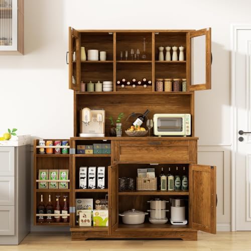 Shintenchi 68" Kitchen Pantry Storage Cabinet, with Microwave Stand, Brown