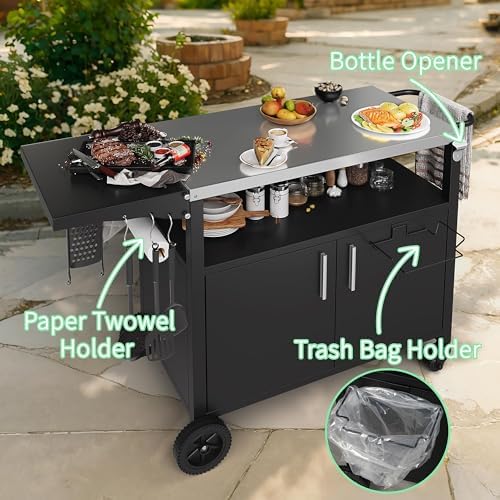 Shintenchi Outdoor Grill Cart Table with Stainless Steel Top,Black