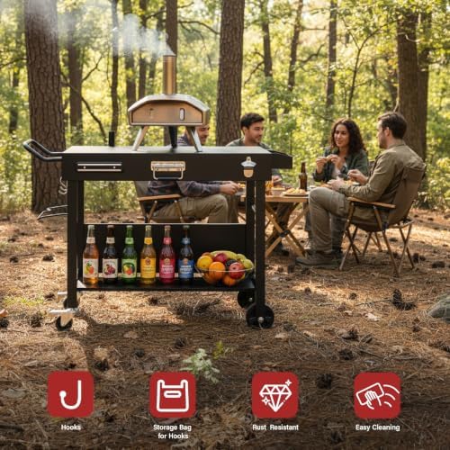 Portable Outdoor Grill Table Cart with Wheels, Foldable BBQ Prep Station, Rolling Food Prep Table with Bottle Opener, Seasoning Tray, Trash Bag Holder, Lower Shelf, Black