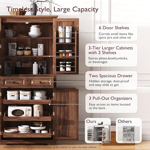 Merax 71" Tall Farmhouse Pantry Cabinet with Pull-Out Shelves, Brown