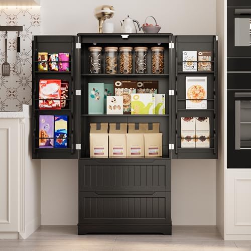 Gizoon 63" Kitchen Pantry Cabinet with Drawers for Dining Room, Black