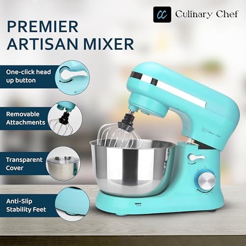 CULINARY CHEF 4.5L Stand Mixer with Stainless Steel Bowl, Tilt-Head Kitchen Electric Mixer with Dough Hook, Mixing Beater and Whisk, Splash Guard, Blue