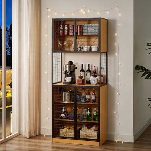 VECELO 72in Tall Kitchen Pantry Cabinet Set of 2 with Doors and Shelves, Large Freestanding Storage Cupboard with Countertop Hutch, Oak