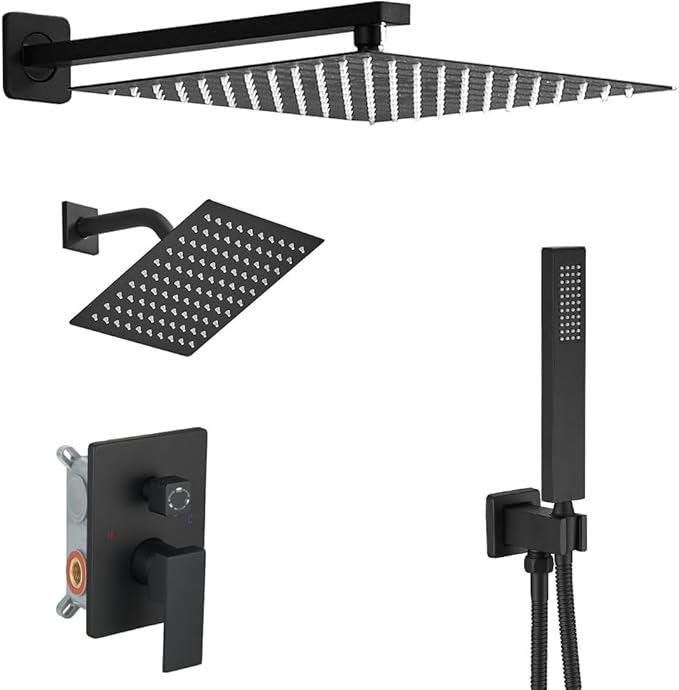 Shower Faucet Set Matte Black Shower System, Knob Switch Diverter Shower Faucet with High Pressure Handheld Spray, Wall Mount 12 Inch Shower Head with 6 Inch Wall Mount Shower Head