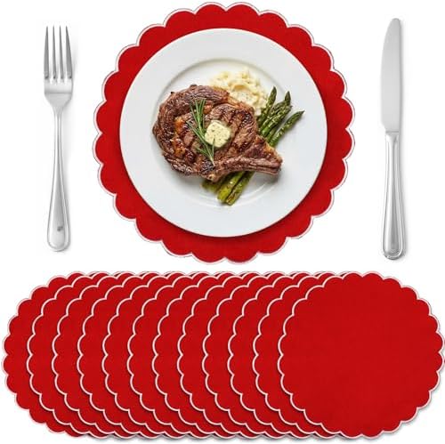 Set of 12 Red Cotton Placemats 15" Round Scalloped White