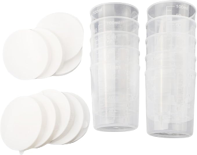 100ml Medicine Measuring Cups - 10 Pcs Clear Plastic Containers with White Lids for Liquid and Sample Measurement