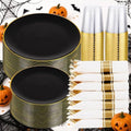 KIRE 350 PCS Black and Gold Plastic Plates - Plastic Dinnerware for Wedding