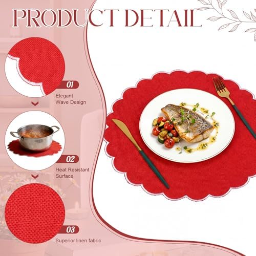 Set of 24 Red Cotton Placemats 15" Round Scalloped White