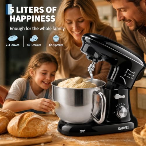 Garvee 5.3 QT Tilt-Head Stand Mixer, 500W Motor, 10-Speed Electric Kitchen Mixer with Stainless Steel Bowl, Dough Hook, Flat Beater & Wire Whisk for Bread Dough, Cake, Cookies & Pizza, Black