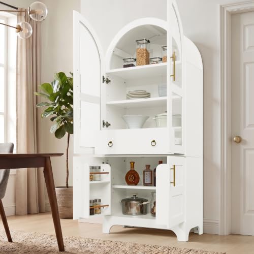 KEIKI 77" Arched Kitchen Pantry Cabinet with Glass Doors, White