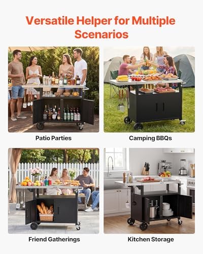 VEVOR Outdoor Grill Cart with Storage Cabinet, 48.9 Inch Grill Table, Waterproof Kitchen Island with Stainless Steel Top, Shelf, and Wheels, Movable Food Prep Station for Patio Bar Backyard BBQ