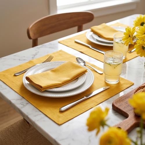 Solino Home 100% Linen Placemats Mustard Yellow, Fete 14 x 19 in, Set of 4