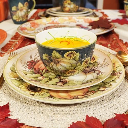 Autumn Breeze Set of 4 Earthenware Dinner Plates – Bring rustic fall charm to your table with pumpkins, sunflowers, and leaves in warm seasonal colors that elevate every meal 11"