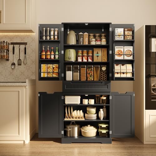 Gizoon Tall Kitchen Pantry Cabinet with Doors and Adjustable Shelves, Black