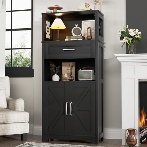 kepptory 55" Tall Farmhouse Pantry Cabinet, 23.6" W Narrow Kitchen Storage Cabinet with Drawer, Doors and Shelves for Kitchen and Dining Room, Black