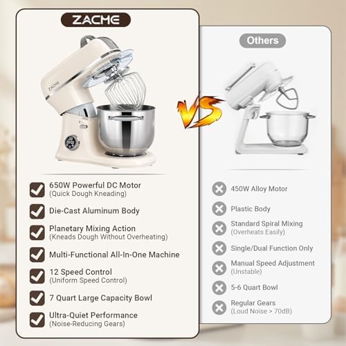 ZACME 7 Quart Stand Mixer Aluminum Die Casting, 650W 12 Speed Tilt-Head Kitchen Electric Stand Mixer, Household Food Mixer with Stainless Steel Bowl, Dough Hook, Whisk and Beater-Cream
