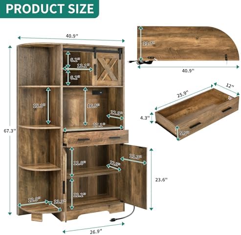 YITAHOME 67" Farmhouse Pantry with Power Outlet & Sliding Barn Door, Oak