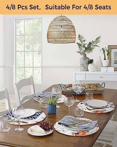 Round Placemats Set of 8 Harvest Pumpkin Fall Place Mats Autumn Maple Leaves Bird Circle Braided Placemat Heat Resistant Table Mat for Thanksgiving Autumn Harvest Holiday Decorations, 15 Inch
