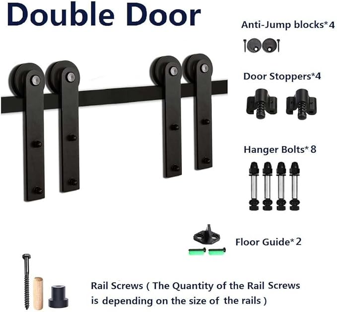 CCJH 8FT Sliding Barn Door Hardware Kit, Heavy Duty, Smoothly and Silently, Easy to Install, Fit 24" Width Double Door Panel, I Shaped Hangers Black