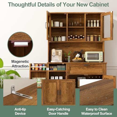 Shintenchi 68" Kitchen Pantry Storage Cabinet, with Microwave Stand, Brown