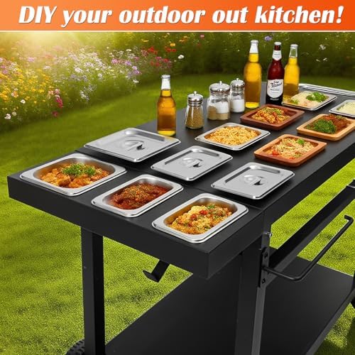 Black Cast Iron 2-Shelf Grill Cart with Wheels,Heavy Duty Pizza Oven Stand for Blackstone Ninja,Outdoor Cooking Station with Durable Tabletop