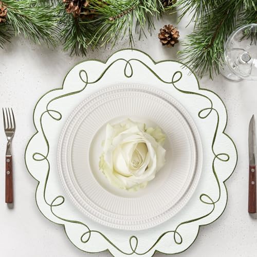15 Inch Ribbon Twirl Embroidery Round Placemats Set of 4, Scalloped Round Table Mats for Party Kitchen Dining Decoration, Green