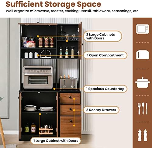 LOKO 71” Tall Kitchen Pantry Storage Cabinet with 3 Drawer, 4 Doors, Walnut