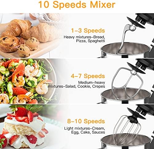 Stand Mixer, 7.5 Qt Stand Food Mixer 10 Speeds, Tilt-Head 3-IN-1 Kitchen Electric Mixer with Stainless Steel Bowl, Whisk, Dough Hook, Flat Beater, Countertop Household Stand Mixer,Black