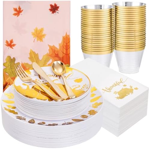 Festiva 176Pcs Thanksgiving Plastic Plates - Heavy Duty Thanksgiving Plates - Thanksgiving Disposable Dinnerware Set include 50 Plates,75 Silverware, 25 Cups, 25 Pumpkins Napkins, 1Tablecloth