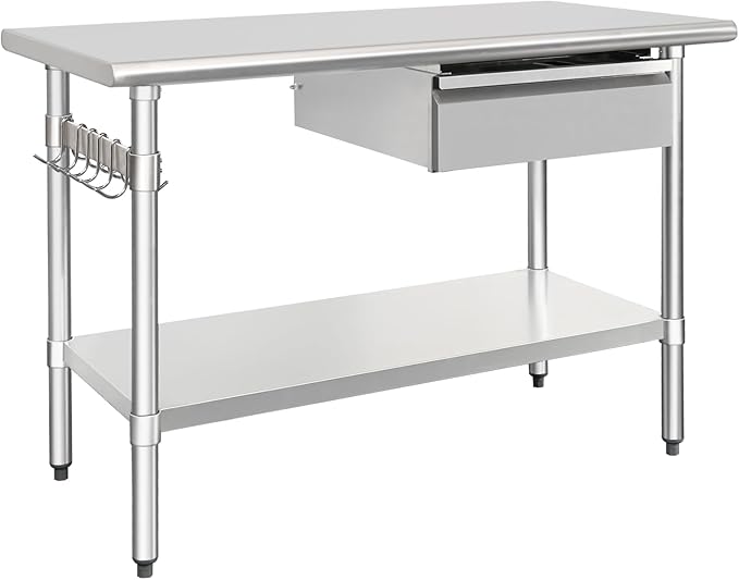 HARDURA Stainless Steel Prep Table with Drawer 24" x 48" NSF Heavy Duty Bench with Undershelf, Hook and Galvanized Legs for Commercial Food Prep