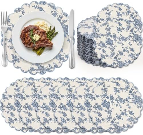Set of 36 Blue Floral Cotton Placemat 15" Round Scalloped Navy Blue