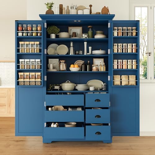 Merax 72" Tall Shaker Style Kitchen Pantry with 3 Drawers, Adjustable Shelves, Wood Cupboard Dining Storage Cabinet with Door Shelves and Pull-Out Trays for Living Room, Kitchen, Dining Room Blue