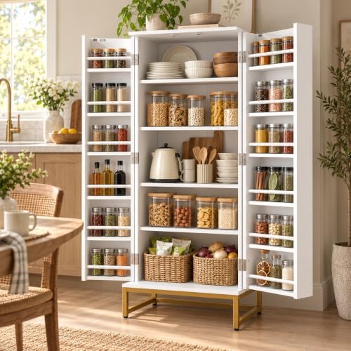 kepptory 51" Kitchen Pantry Cabinet, Freestanding Food Storage Cabinet with Adjustable Shelves and Door Racks, Tall White Kitchen Cupboard with Gold Metal Base and Handles for Dining Room