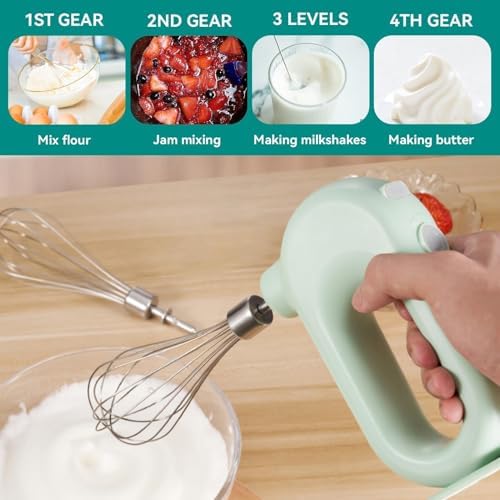 4 Speed Electric Hand Mixer, Electric Hand Mixer Whisk Wireless Rechargeable Handheld Egg Beater Adjustable Cordless Electric Whisk Hand Mixer 1500mAh Small Portable Handheld Mixer (Green)