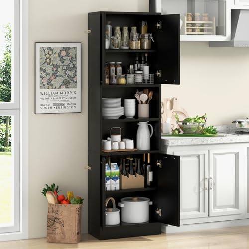 GIANTEX Kitchen Pantry Cabinet, 75” Tall Freestanding Cupboard with Doors & Shelves, Safety Hinges & Anti-Tipping Devices, Storage Sideboard for Dining Room, Living Room (Black)