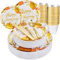KIRE 150PCS Thanksgiving Plates Dinnerware Pumpkins - Plastic Thanksgiving Plates Include 25 for Dinner 25 for Salad 25Forks 25Knives 25Spoons 25Gold Cups for Fall/Friendgiving Party