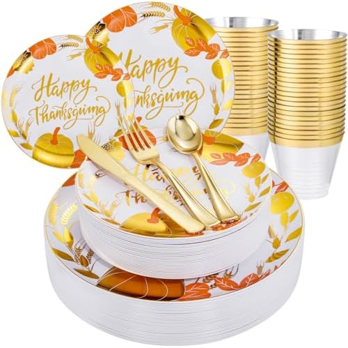 KIRE 150PCS Thanksgiving Plates Dinnerware Pumpkins - Plastic Thanksgiving Plates Include 25 for Dinner 25 for Salad 25Forks 25Knives 25Spoons 25Gold Cups for Fall/Friendgiving Party
