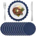 Set of 12 Navy Blue Cotton Placemats 15" Round Scalloped White