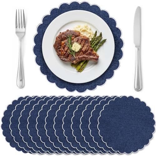 Set of 12 Navy Blue Cotton Placemats 15" Round Scalloped White