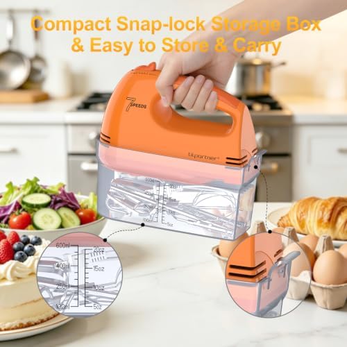 LILPARTNER Electric Hand Mixer with Storage Box, Ultra Power Kitchen Hand Mixer With 7-Speed & 5 Stainless Steel Accessories for Whipping Dough, Cream, Cake, Dishwasher Safe, LIGHT ORANGE BOX