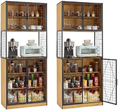 VECELO 72in Tall Kitchen Pantry Cabinet Set of 2 with Doors and Shelves, Large Freestanding Storage Cupboard with Countertop Hutch, Oak