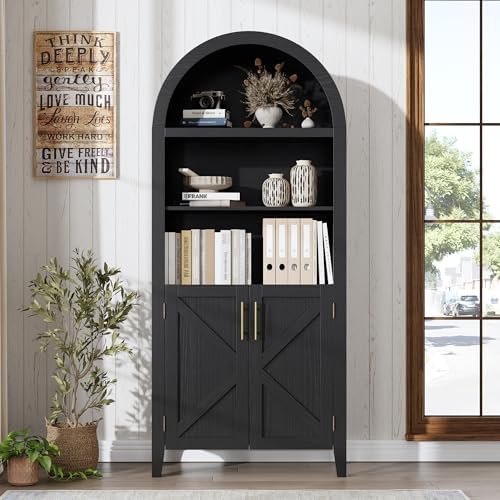 Arched Kitchen Pantry Cabinet with Doors, 5-Tier Open Display Shelf, Black