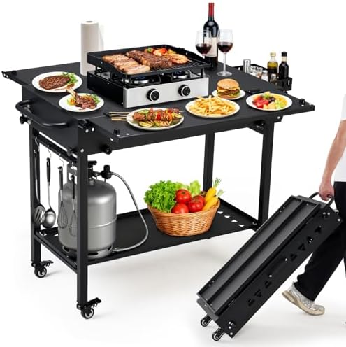 Outdoor Grill Cart Table Griddle Stand, Folding Grill Table with Wheels