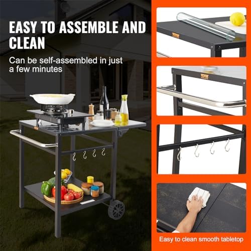 VEVOR Outdoor Grill Dining Cart with Double-Shelf, BBQ Movable Food Prep Table, Multifunctional Foldable Iron Table Top, Portable Modular Carts for Pizza Oven, Worktable with 2 Wheels, Carry Handle